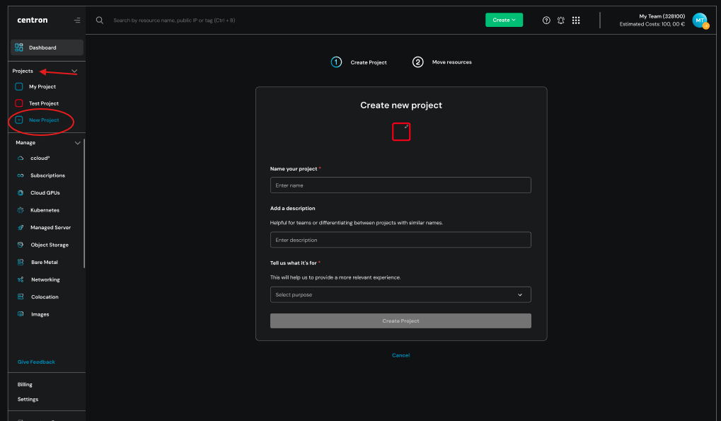 Eingabemaske Projekterstellung