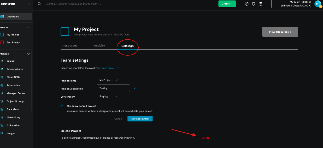 Projektabschnitt Settings