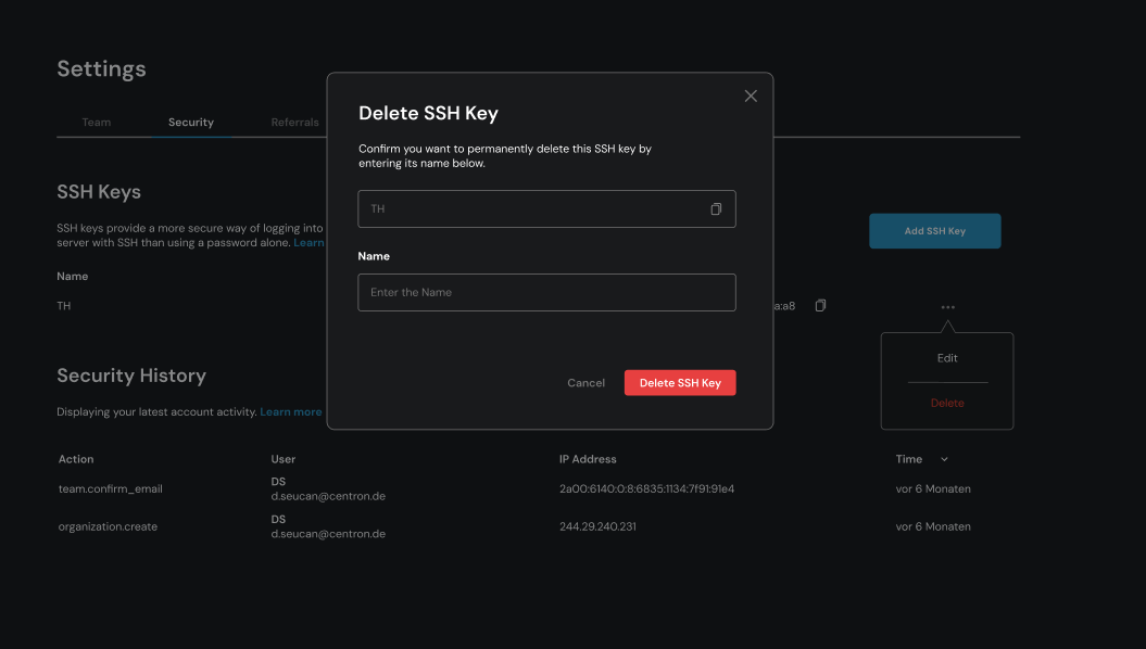 Löschmaske SSH Keys
