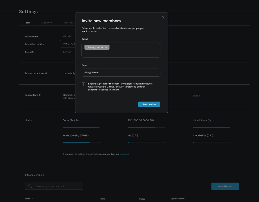 Einladungsmaske Team Mitglieder