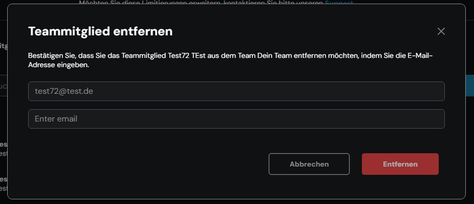Eingabemaske Teammitglieder entfernen