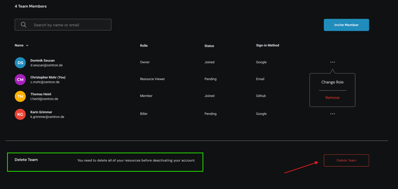 Abschnitt Delete Teams