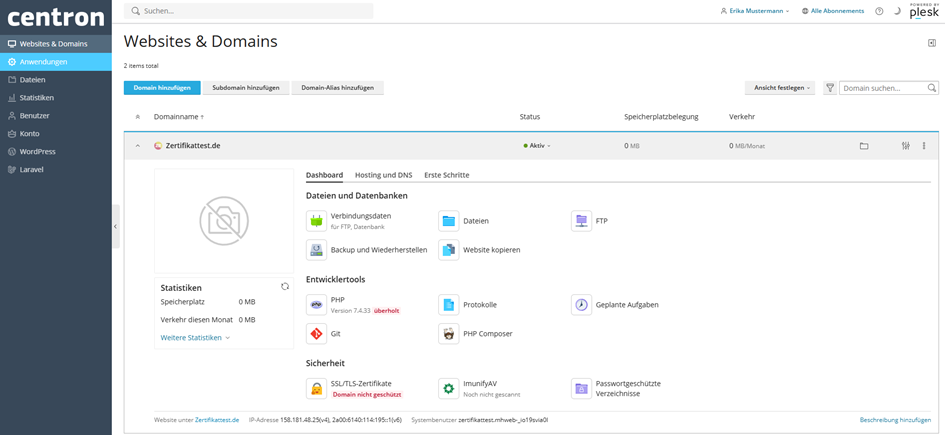 Webseite auswählen &amp; Zertifikatsbereich öffnen